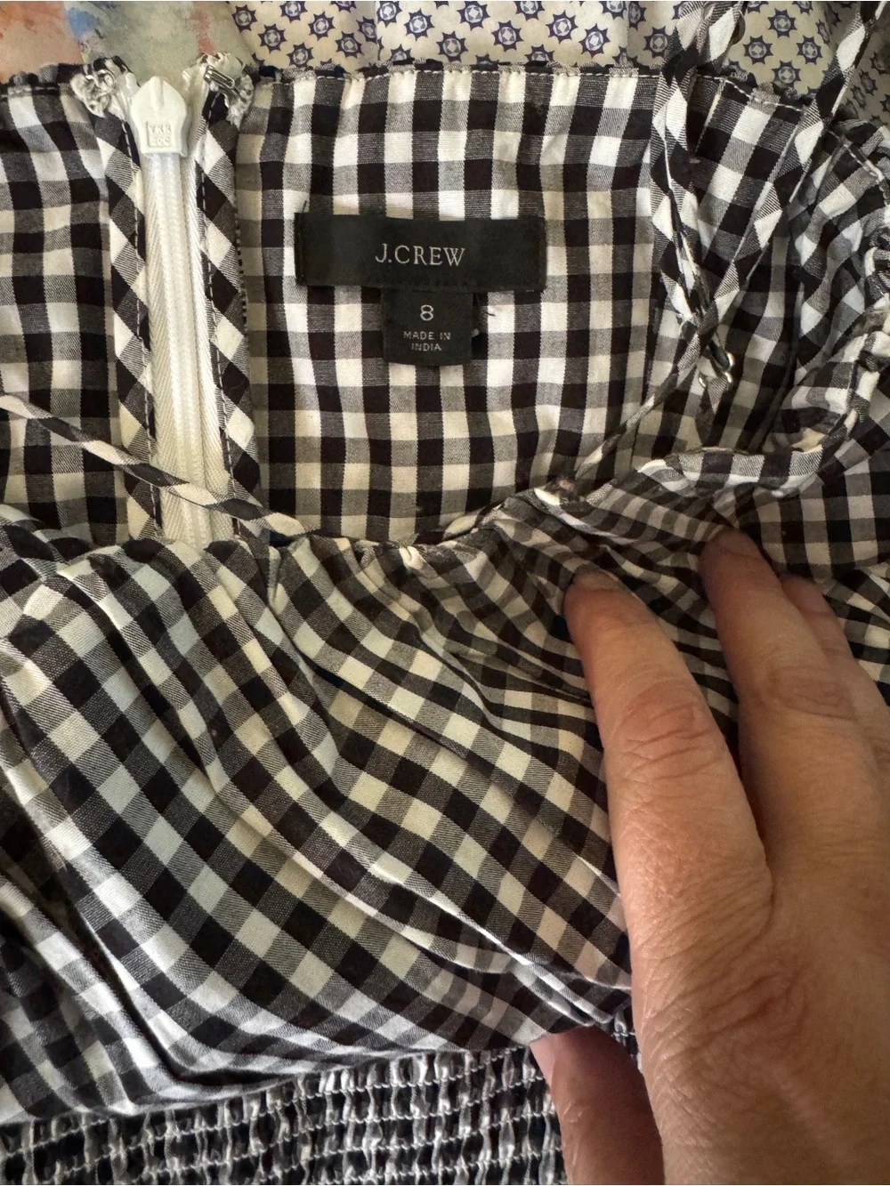 J. Crew Black and White Gingham Smocked Midi Dress
